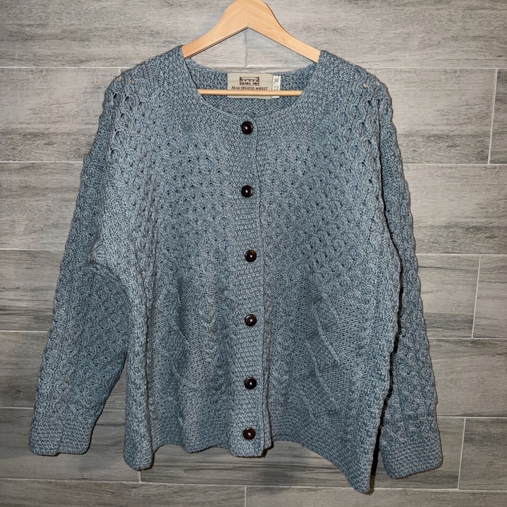 Aran Sweater Market 100% Merino Wool Blue XL Cable Knit Cardigan Made Ireland